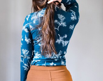 Skadi - turtleneck top - in Ice and Cobalt, Hand Printed Turtle Neck Top,  Womens Top, Women long sleeve shirt, Made in the usa by Simka Sol