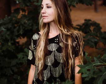 Belka - Big Tee, oversized t-shirt dress, hand printed metallic gold, art deco, made in the USA by Simka Sol®