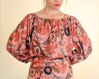 Fruit Queen - BLUSH edition - Gather Top, blouse, cropped blouse, peaches and figs, mauves and pinks, spring print by simka sol