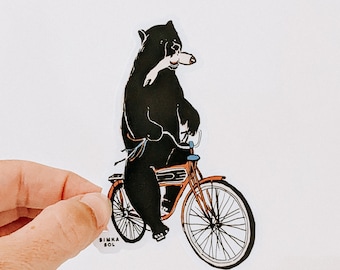 Bear on Bike Vinyl Sticker - Dark Humor, Dishwasher Safe