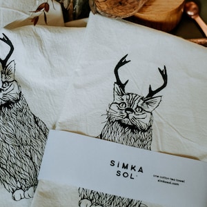 The Original Wild Catalope - Hand Printed Flour Sack towel Christmas Cat with Antlers Kitchen Dish Towel - by Simka Sol, cat decor, cat love