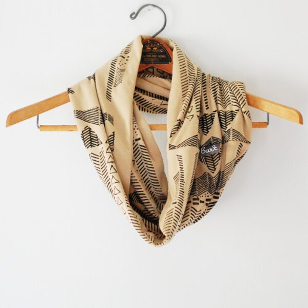 Going Hunting - Black and Camel - hand printed circle scarf - by Simka Sol