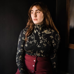 Hawk Moth - - turtleneck top - Bamboo Rib Knit - Botanical long sleeve Top, Women long sleeve shirt, Made in the usa by Simka Sol