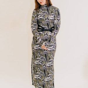 The Dunn Dress in Fungeyes Basque Green, Side slit dress, turtleneck dress, mushroom printed dress rib knit, Made in the usa by Simka Sol image 9