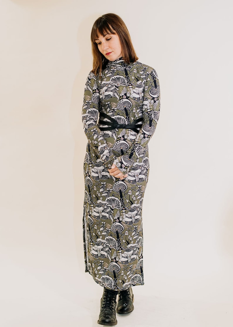 The Dunn Dress in Fungeyes Basque Green, Side slit dress, turtleneck dress, mushroom printed dress rib knit, Made in the usa by Simka Sol image 9