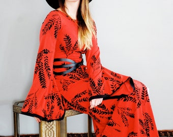 Keen Alchemist Dress || In Cherry, American Milled Fabric, printed maxi dress, bohemian maxi, bell sleeves, boho maxi dress || by Simka Sol®