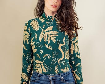 Printed Bamboo Turtleneck Top: Long Sleeve Rib Knit