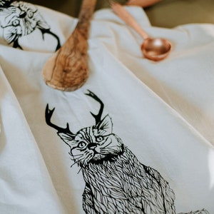 The Original Wild Catalope - Hand Printed Flour Sack towel Christmas Cat with Antlers Kitchen Dish Towel - by Simka Sol, cat decor, cat love