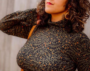 Bamboo Rib Knit Turtleneck Top: Sea Kelp Print, Made in USA