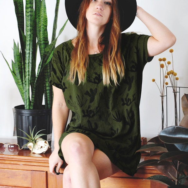 Back In Stock - Juniper Green Cactus - Big Tee tunic dress, hand printed tshirt dress, oversized tshirt, tshirt dress - by Simka Sol®