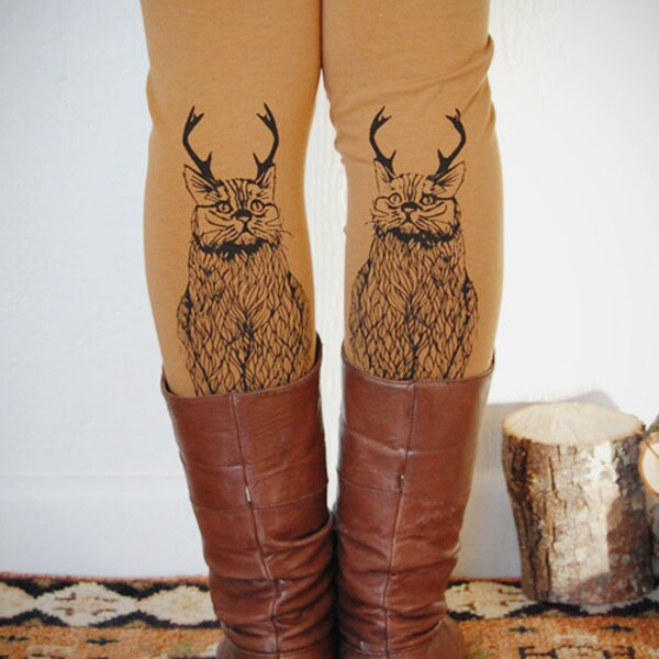 Wild Catalope Leggings - Womens Camel Jersey Spandex High Waist Cat wild catalope Leggings - Camel and Black - by Simka Sol