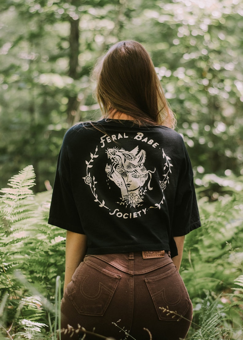 Feral Babe Society Vintaged Crop Tee, womens crop t-shirt, Floral tattoo style, Wolf and girl, rockabilly style, punk style, by Simka Sol® image 1
