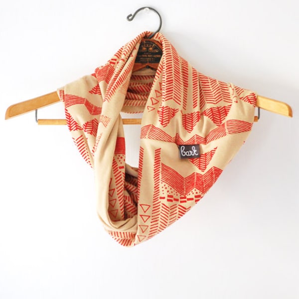 Going Hunting - Red and Camel - hand printed circle scarf - by Simka Sol