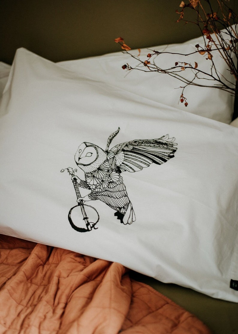 Ghost Banjo Hand Printed Pillow Case Pair 200tc by Simka Sol owl pillow cases, owl with banjo, owl, nature lover, home decor image 1
