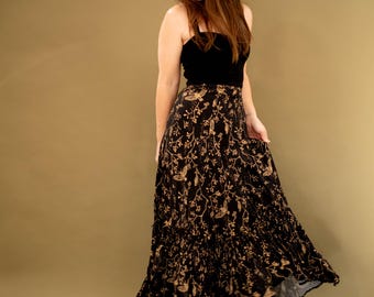 Hawk Moth Print Rayon Maxi Skirt: Adjustable Waist, Flowy Prairie Style