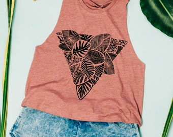 Palm Triangle - cropped racerback tank in sorbet Womens cropped racerback tank botanical printed tank top