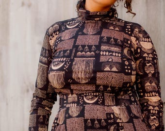 Bamboo Rib Knit Turtleneck Top: Rabbit Moon Print, Made in USA