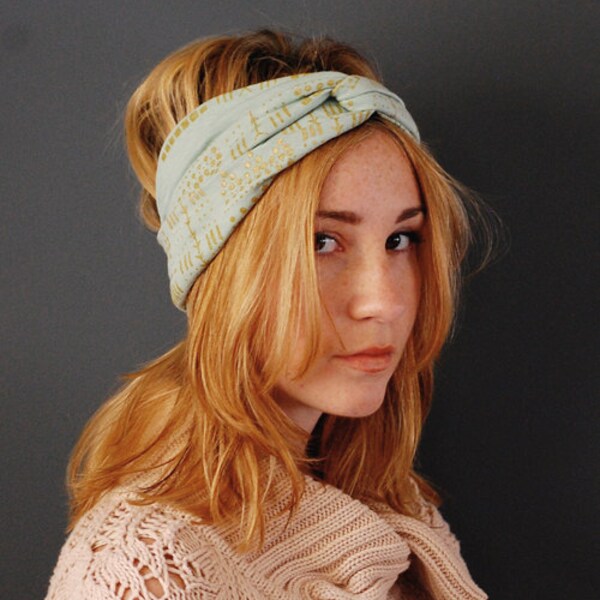 LIMITED STOCK - Giza Turban - in Seafoam and Metalic Gold - Boho Earwarmer Turban Headband Scarf - by Simka Sol
