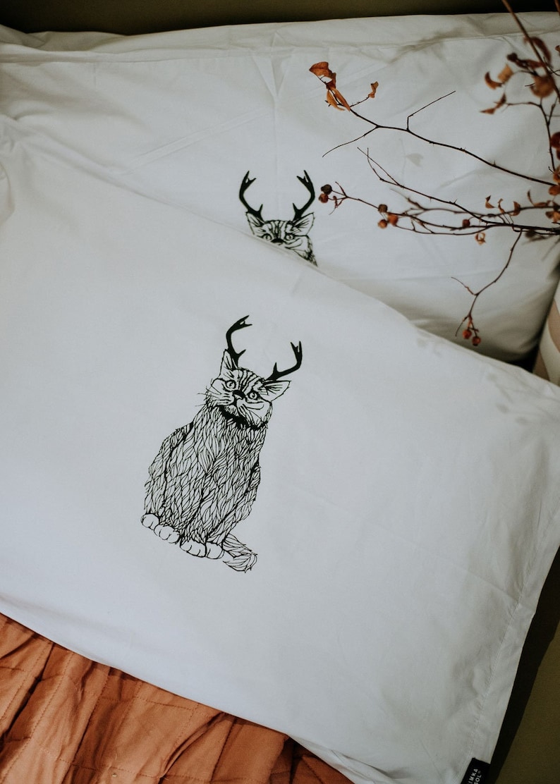 The Original Wild Catalope Hand Printed Pillow Case Pair 200tc by Simka Sol Christmas Cat, catalope, cat lover, cat gifts, catcore image 2