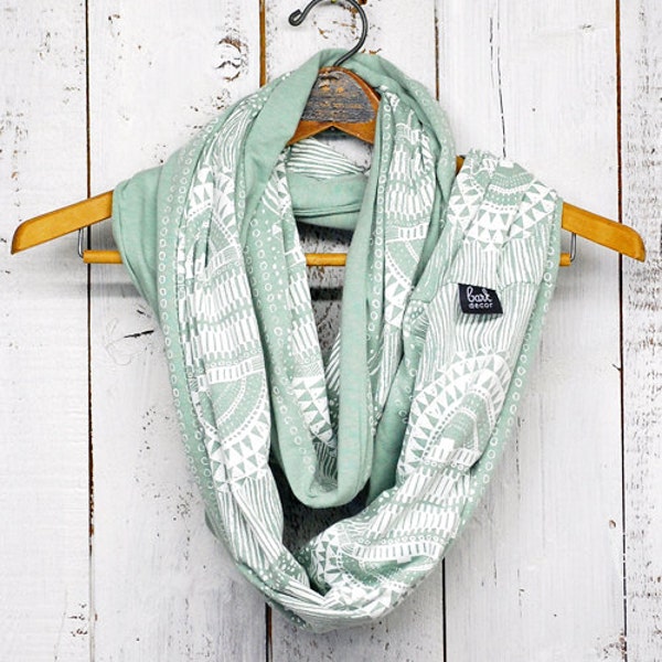 ONLY 1 LEFT - Okapi Infinity Scarf - Sea foam - modern hand printed jersey circle infinity scarf - by Bark Decor