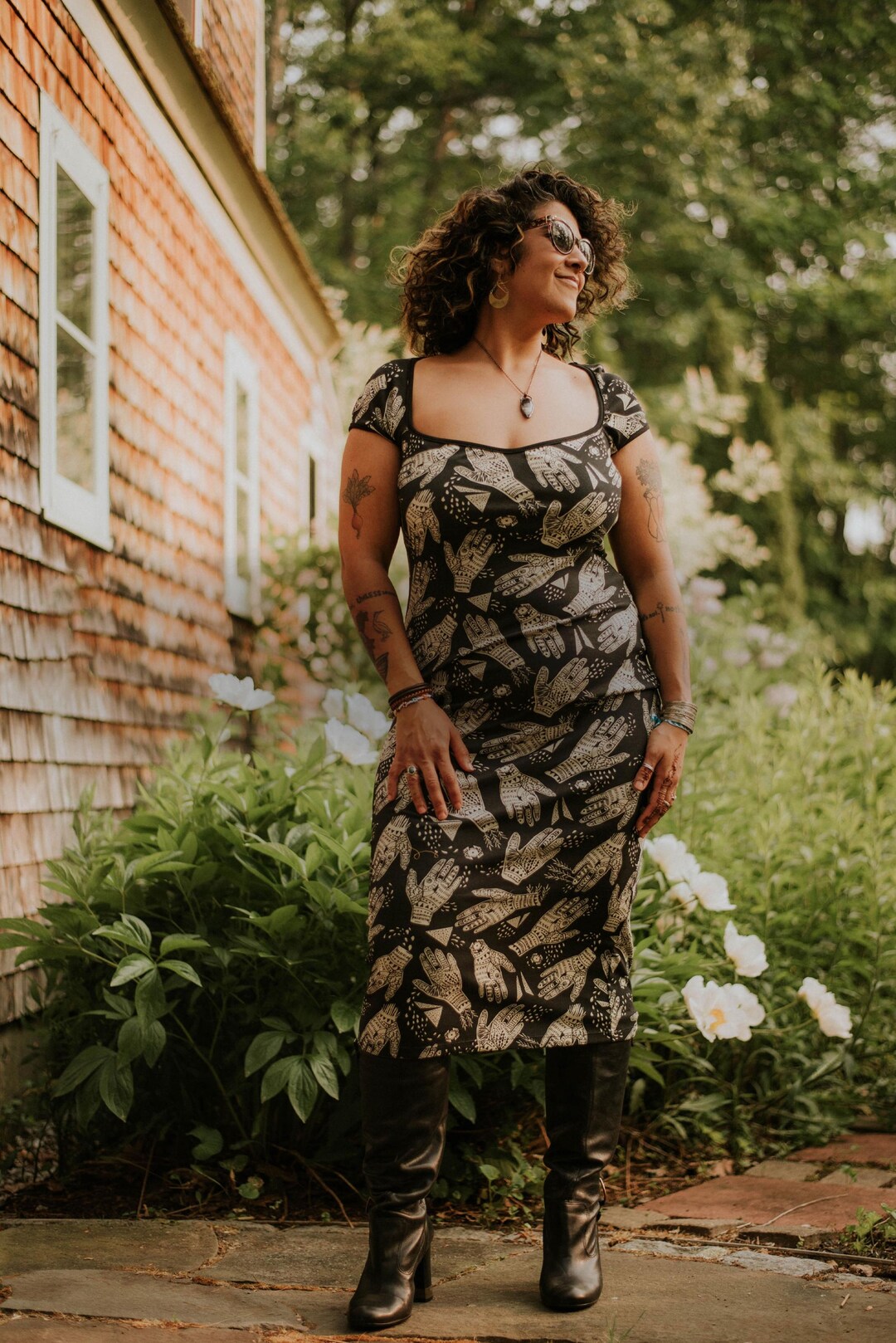 Oracle Print Midi Dress: Hamsa & Celestial Symbols - Simka Sol - Etsy