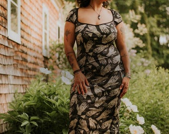 Oracle Print Midi Dress: Hamsa & Celestial Symbols - Simka Sol