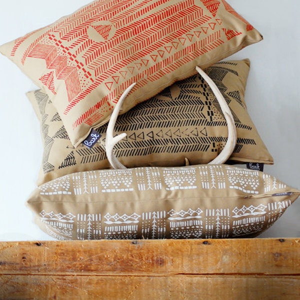 SALE, Going Hunting, Red and Cornstalk, Modern Printed pillow, Hand Printed Pillow Cover, printed throw pillow, tribal print, Simka Sol