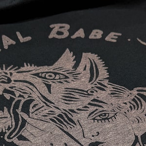 Feral Babe Society Vintaged Crop Tee, womens crop t-shirt, Floral tattoo style, Wolf and girl, rockabilly style, punk style, by Simka Sol® image 8