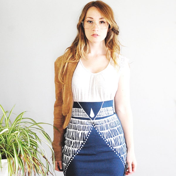 Nyala, High Waist Pencil Skirt, Sea Blue, midi skirt, midi length skirt, printed pencil skirt, tight pencil skirt, jersey skirt, Simka Sol