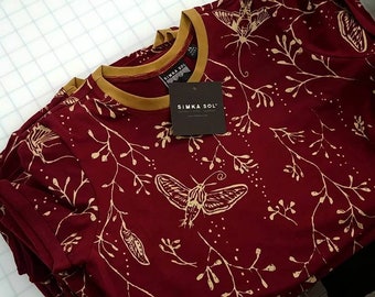 The Camp Tee - Hawk Moth in Garnet, Organic American Made, Hand Printed, T-Shirt, outdoor clothing, camping gear, nature print, by simka sol