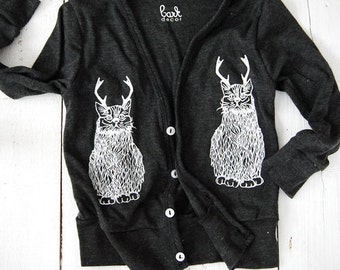 Childrens Wild Catalope Cardigan - Holiday kids cardigan - cat sweatshirt antlers - by Simka Sol