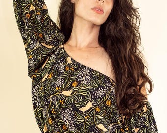 Mice Print Gather Top: Bamboo Knit Cottagecore Blouse