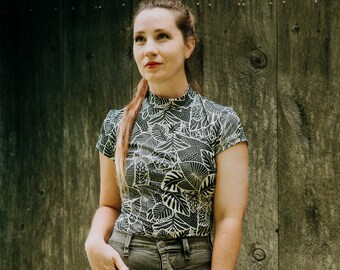 Billie Mock Neck Top - Palm Garden Print, made in the USA by Simka Sol