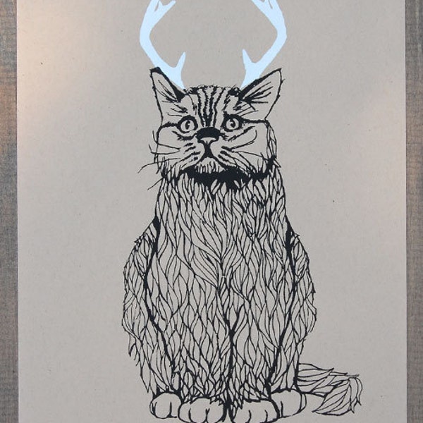 Last One - Wild Catalope - Two Color Funny Cat with AntlersScreen Print - Editon of 100 - by Bark Decor