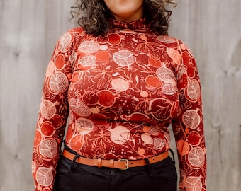 Bamboo Rib Knit Turtleneck Top: Night Pomegranate Print, Made in USA