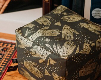Oracle Cover- Ottoman Cover, Moss and metallic gold, Hamsa Print, Floor pouf, home decor, floor ottoman, floor cushion, ecohome by Simka Sol