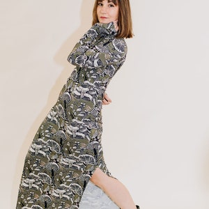 The Dunn Dress in Fungeyes Basque Green, Side slit dress, turtleneck dress, mushroom printed dress rib knit, Made in the usa by Simka Sol image 6