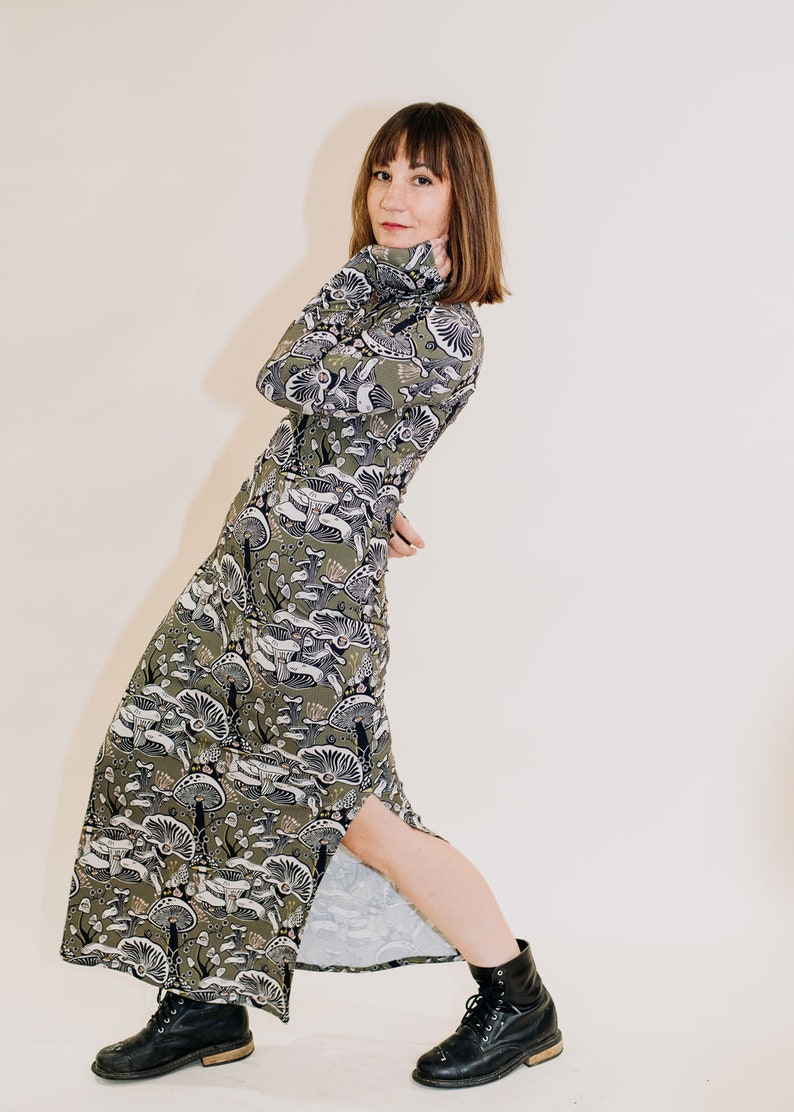 The Dunn Dress in Fungeyes Basque Green, Side slit dress, turtleneck dress, mushroom printed dress rib knit, Made in the usa by Simka Sol image 6