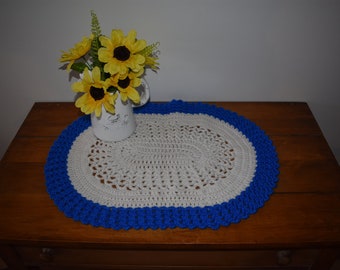 Table Runner Handmade Crochet Doily Home Decor Placemat Blue Soft White