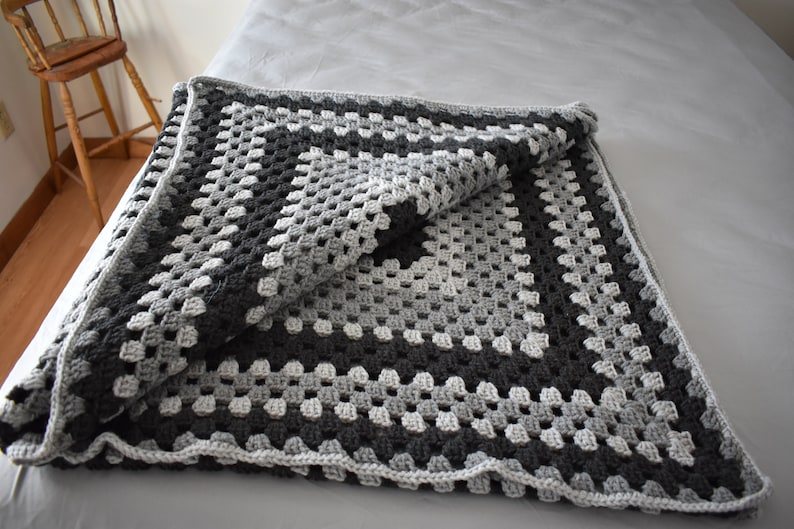 Handmade Afghan Crochet Blanket Multishade Gray Granny Square Blocks