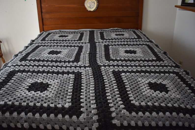 Handmade Afghan Crochet Blanket Multishade Gray Granny Square Blocks