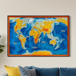 3D Relief World Map Wall Art, Layered Wood World Map, Framed Topographic World Map, Ocean Depth Map, Travel Gift, Office Decor 31.5x23.6