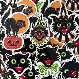 Vintage Halloween Black Cat Sticker Pack - 5 Retro Vinyl Stickers - Spooky Cute Cats