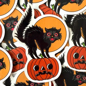 Scared Black Cat Halloween Sticker - Vintage Pumpkin Retro Vinyl Decal, Spooky Fall Decor