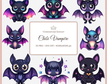 Cute Chibi Vampire Bats Clipart | Kawaii Galaxy Halloween 15 PNG | Sublimation Bats Bundle High Quality 4K