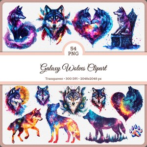 May include: A set of watercolour galaxy wolf clipart images. The illustrations depict wolves in different poses, with vibrant colours and a cosmic theme. The text "Galaxy Wolves Clipart" is also included.