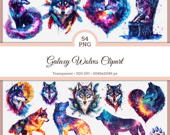 Galaxy Wolf Clipart PNG | Cosmic Watercolor Wolves |Cute Wild Animal for Scrapbooking, Junk Journal, Planner Stickers, Cardmaking 2048px 2K