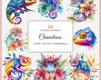 Galaxy Chameleon Clipart Bundle | Cute Cosmic Rainbow Lizards PNG | Colorful Tropical Animal Art for Stickers, Sublimation &  Crafts 4k