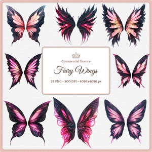 May include: A collection of nine watercolor illustrations of fairy wings in various designs. The wings feature a color palette of pink, black, and purple with speckled and gradient effects. The image includes text that reads "Fairy Wings".