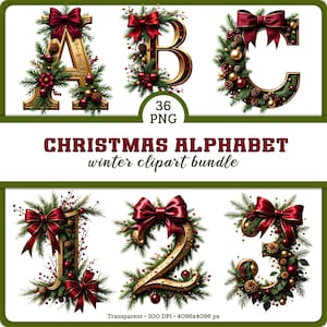 May include: A digital collection of letters and numbers decorated with evergreen pine branches, red bows, gold ornaments, and pinecones. The set includes 36 PNG files featuring a Christmas-themed alphabet and numerals, presented with a 300 DPI resolution.
